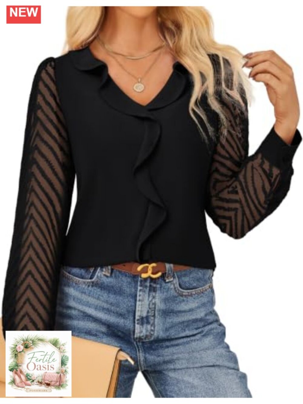 Fancy Lace Sleeve Ruffle V-Neck Blouse Business Casual Top Pullover